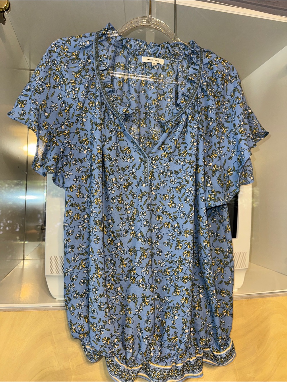 Max Studio Short Sleeve Ruffle-Neck Smocked Bubble Hem Blouse blue floral XL
